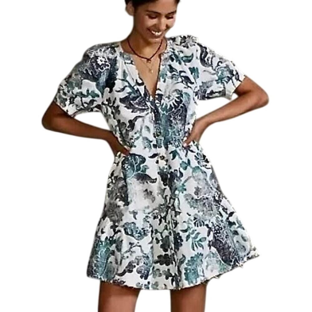Anthropologie PILCRO Linen Cotton Puff Sleeve Dress Raw Edge Boho Grunge Cottage